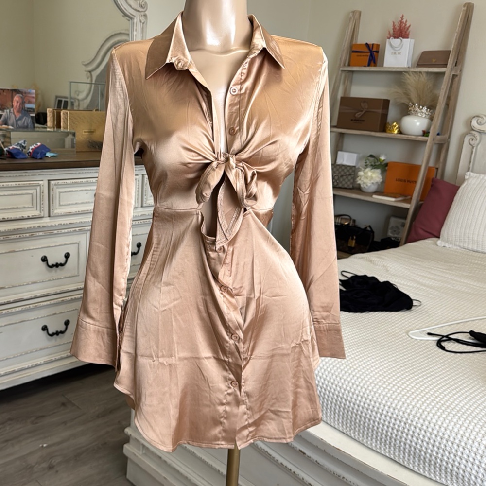 Satin Tie-Front Shirt Dress